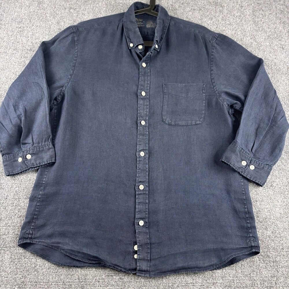 Mens 100 Shirt Navy Linen Blend Long Sleeve Pocket Button Down